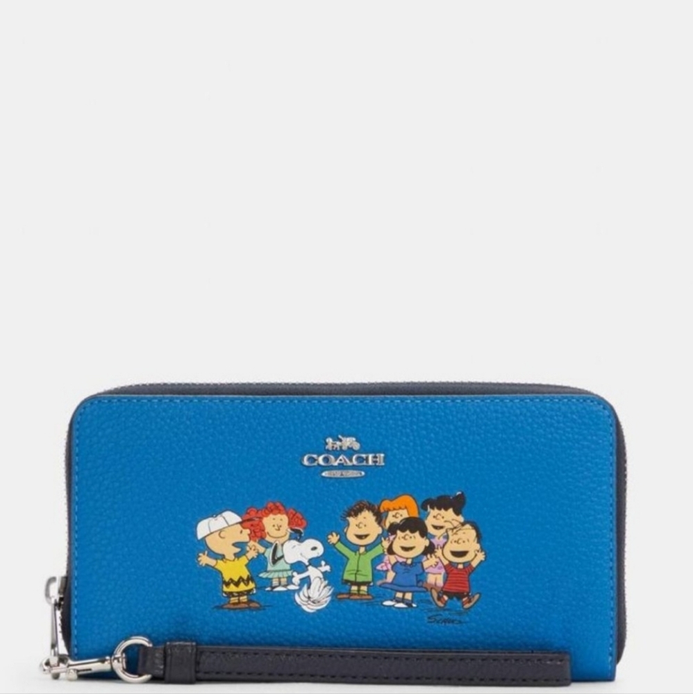 NEW COACH Peanuts Long Zip Around Wallet Snoopy Blue Leather Wristlet Wallet